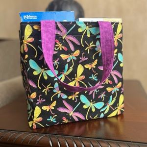 Go-green grocery tote reusable tote handmade colorful dragonflies print tote bag